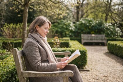 Femme mature lisant dans un parc au printemps