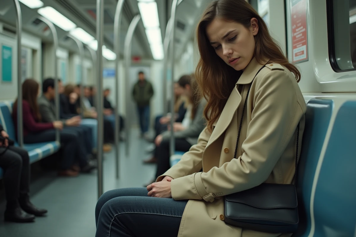 Femme gênée dans le métro tenant son sac discrètement, illustrant une situation inconfortable liée aux odeurs en public
