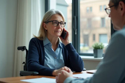 Femme en fauteuil roulant contactant la CPAM par téléphone depuis son bureau à domicile