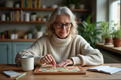 Femme âgée jouant au Scrabble avec mots kyste et genou
