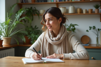 Femme en méditation dans sa cuisine lumineuse
