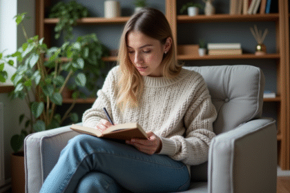 Femme en sweater journalisant dans un salon chaleureux