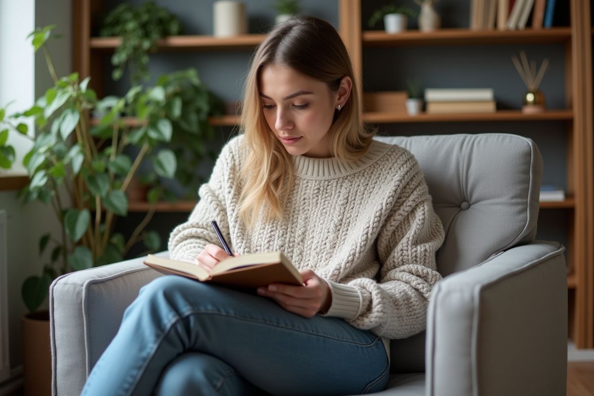 Femme en sweater journalisant dans un salon chaleureux