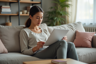 Femme en athleisure lit une brochure sur la postosteopathie dans un salon calme