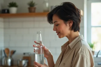 Femme lisant l'étiquette d'une bouteille d'eau minérale pour vérifier le résidu à sec, dans une cuisine moderne