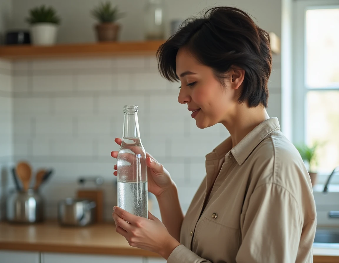 Femme lisant l'étiquette d'une bouteille d'eau minérale pour vérifier le résidu à sec, dans une cuisine moderne