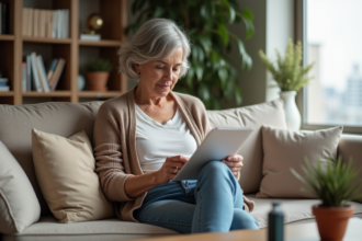 Femme assise lisant une ordonnance d'asthme dans le salon