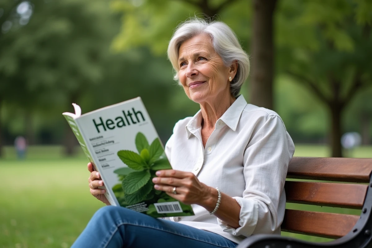 Femme lisant un magazine santé dans un parc verdoyant