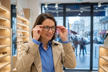 Femme souriante examinant des lunettes dans une boutique à Levallois