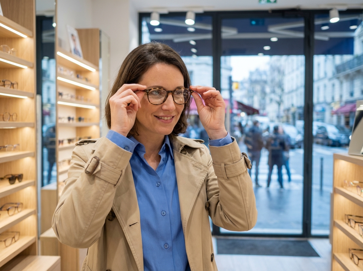 Femme souriante examinant des lunettes dans une boutique à Levallois