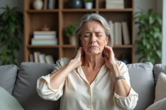 Femme se massant le cou dans un salon cosy