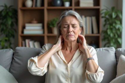 Femme se massant le cou dans un salon cosy