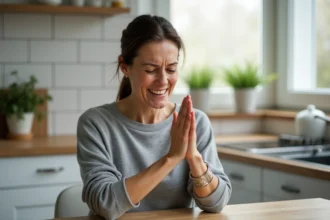 Femme d'âge moyen se massant les mains dans la cuisine
