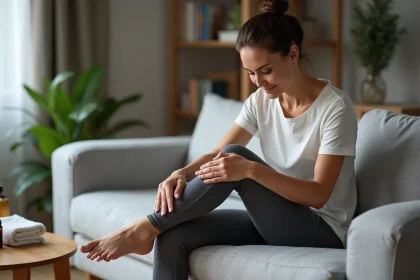 Femme se massant le pied dans un salon moderne