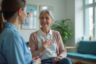 Femme médicale assise dans une clinique moderne