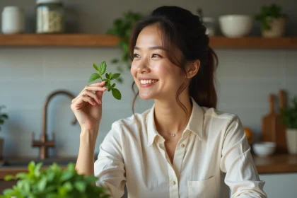 Femme souriante tenant une branche de menthe dans une cuisine moderne