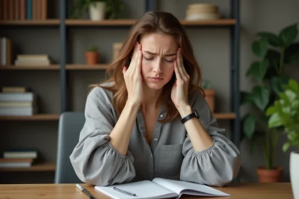 Femme souffrant de migraine assise à son bureau, les doigts posés sur les tempes, illustrant les tensions crâniennes soulagées par l'ostéopathie