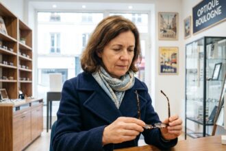 Femme d'âge moyen examinant des lunettes dans un magasin à Boulogne