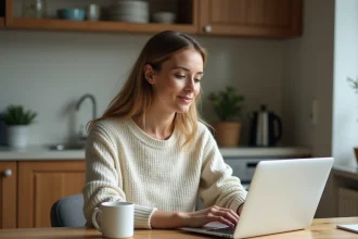 Femme assise à une table de cuisine avec un ordinateur portable
