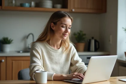 Femme assise à une table de cuisine avec un ordinateur portable
