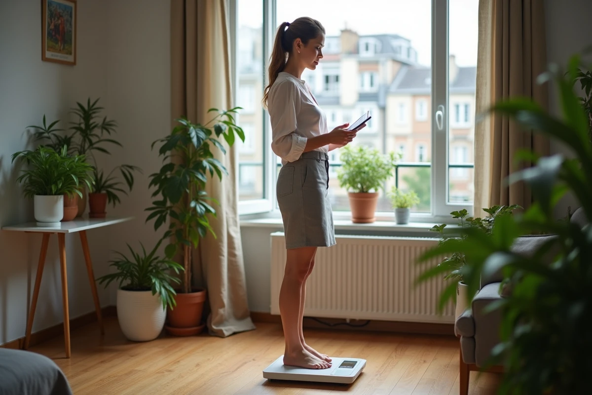 Femme française se pesant dans un appartement cosy