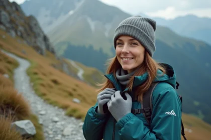 Femme en veste de randonnée au col en montagne