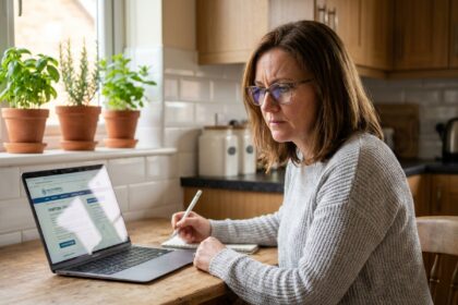 Femme d'âge moyen consultant des informations de santé fiables sur un ordinateur portable dans sa cuisine