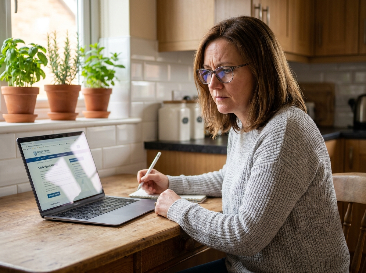 Femme d'âge moyen consultant des informations de santé fiables sur un ordinateur portable dans sa cuisine