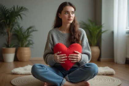 Jeune femme pensante avec coussin en forme de cœur