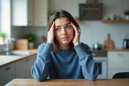 Femme pensant dans une cuisine moderne et apaisante