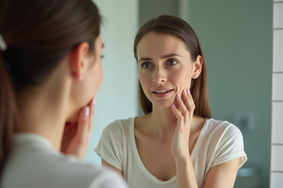 Femme touchant sa gorge en regardant dans le miroir