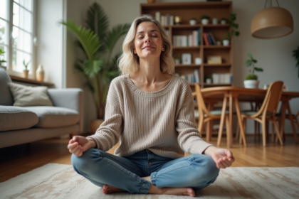 Femme assise en détente dans un salon lumineux