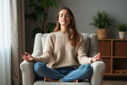 Femme en détente pratiquant la respiration profonde dans un salon