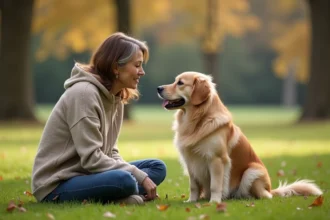 Femme assise avec un retriever dans un parc automnal