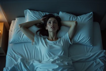 Femme réveillée au milieu de la nuit fixant le plafond, insomnie et troubles du sommeil