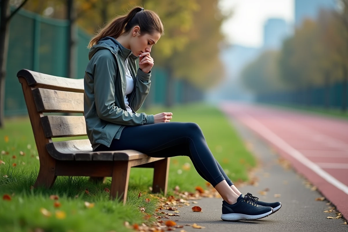 Femme coureuse assise sur un banc vérifiant son mollet
