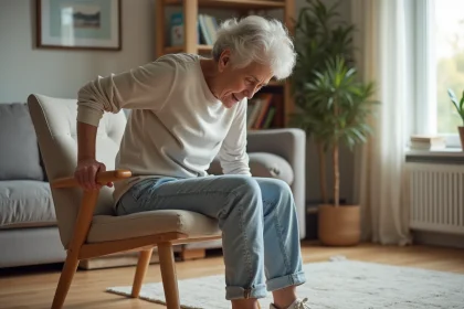Femme d'âge moyen s'asseyant dans un salon lumineux