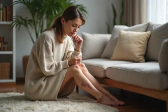 Femme assise sur un canapé examinant sa peau