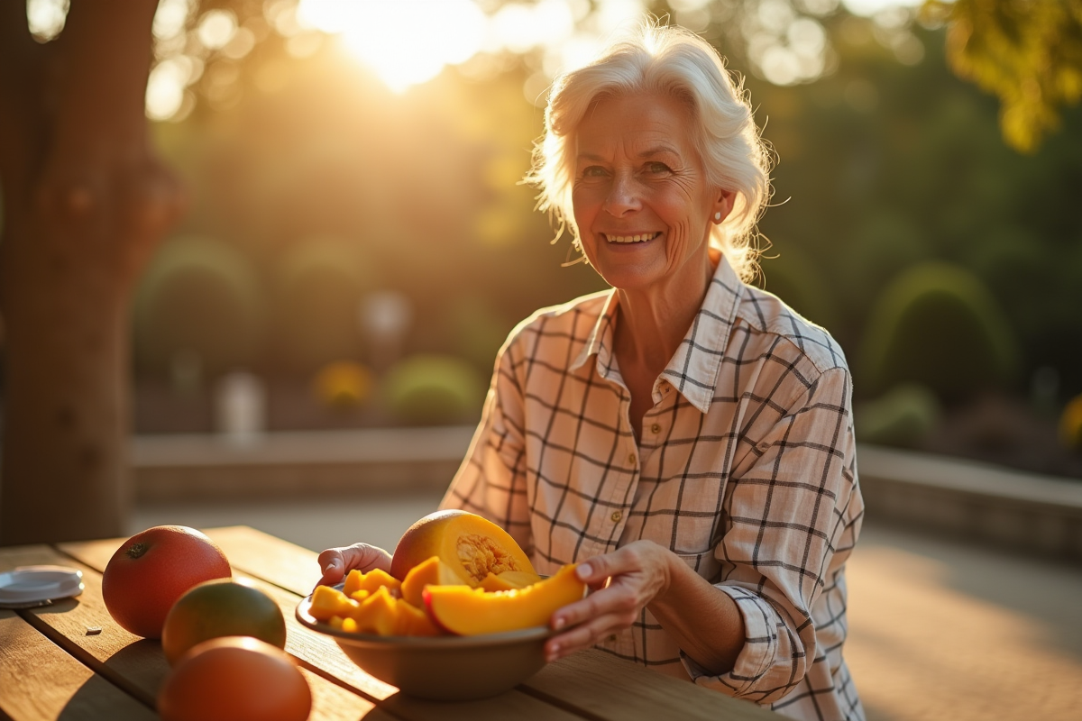 Femme senior tenant un bol de mangue et potiron en plein air