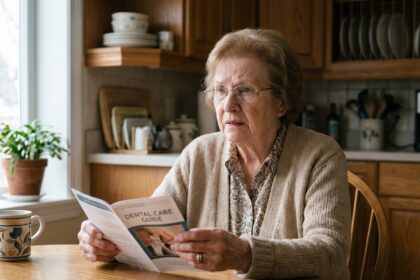 Femme âgée avec brochure de soins dentaires dans la cuisine