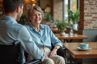 Femme senior souriante en fauteuil dans un café lumineux