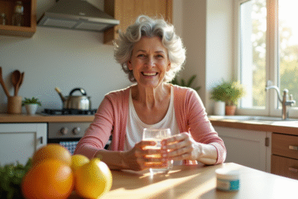 Femme senior souriante avec vitamine B12 à la maison