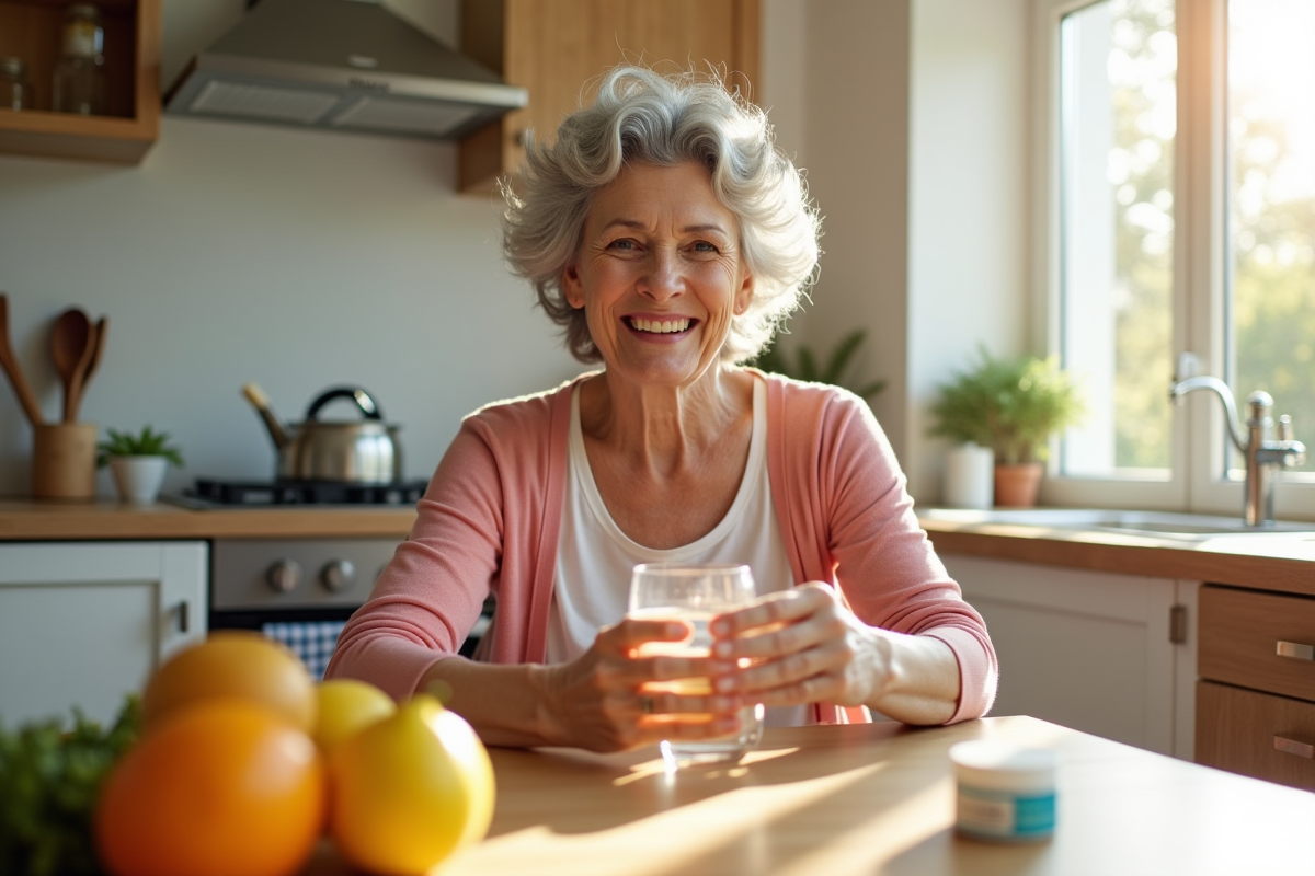 Femme senior souriante avec vitamine B12 à la maison
