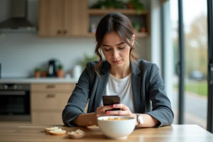 Femme en cuisine pensant avec smartphone et snack