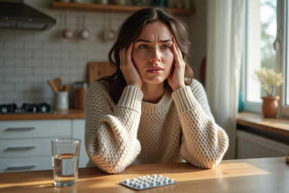 Femme en sweater touchant sa joue dans une cuisine lumineuse