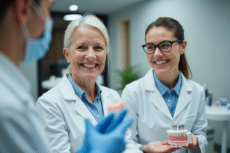 Femme souriante dans une clinique dentaire avec un dentiste montrant un modèle d'implant