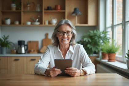 Femme souriante utilisant une tablette pour suivre sa santé