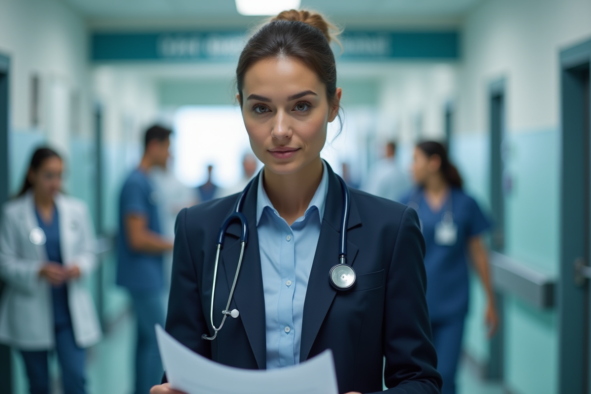 Specialiste en blouse navy consulte des dossiers dans un couloir hospitalier