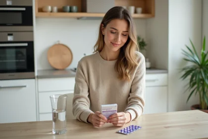 Femme dans sa cuisine avec eau et compléments