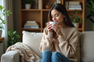Jeune femme en détente avec une tasse de tisane dans un salon chaleureux